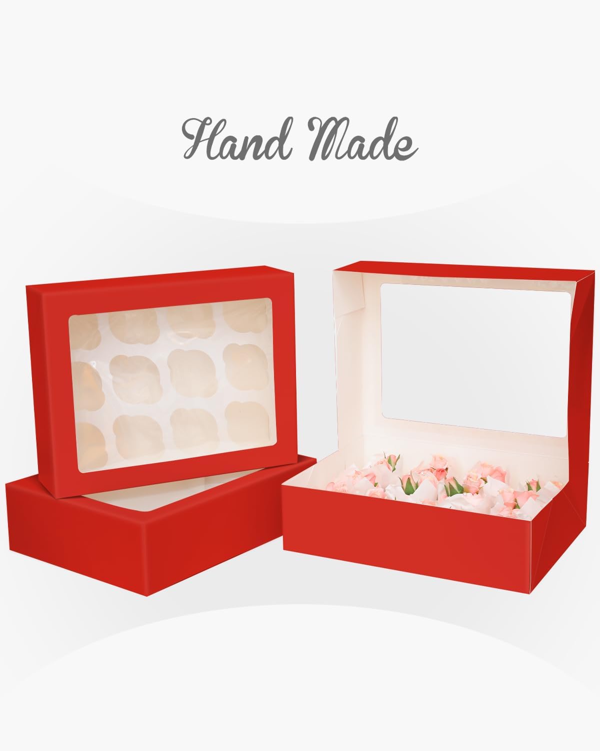 Bakepacker 12 Cupcake Containers 10-Packs Red Cupcake Box Cupcakes Carrier, 12 Cupcake Boxes with Window 13"x10"x3.5"（Auto-pop up）