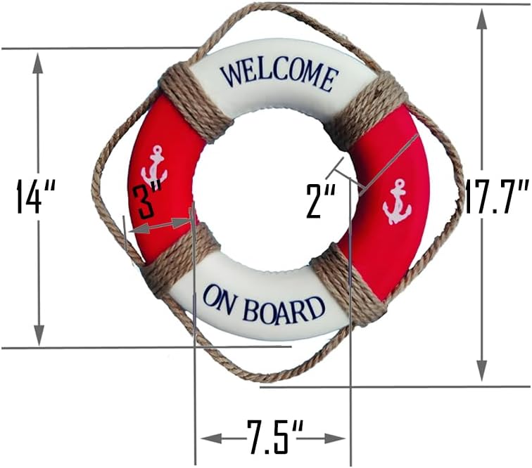 MorroMorn Lifebuoy Wall Hanging Decor - Welcome Aboard Mediterranean Style Home Decoration Hemp Rope (Red, 14")