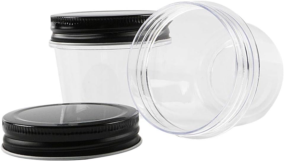 Novelinks 4 Ounce Plastic Jars with Black Lids - Refillable Round Clear Containers for Kitchen & Household Storage - BPA Free (40 Pack)