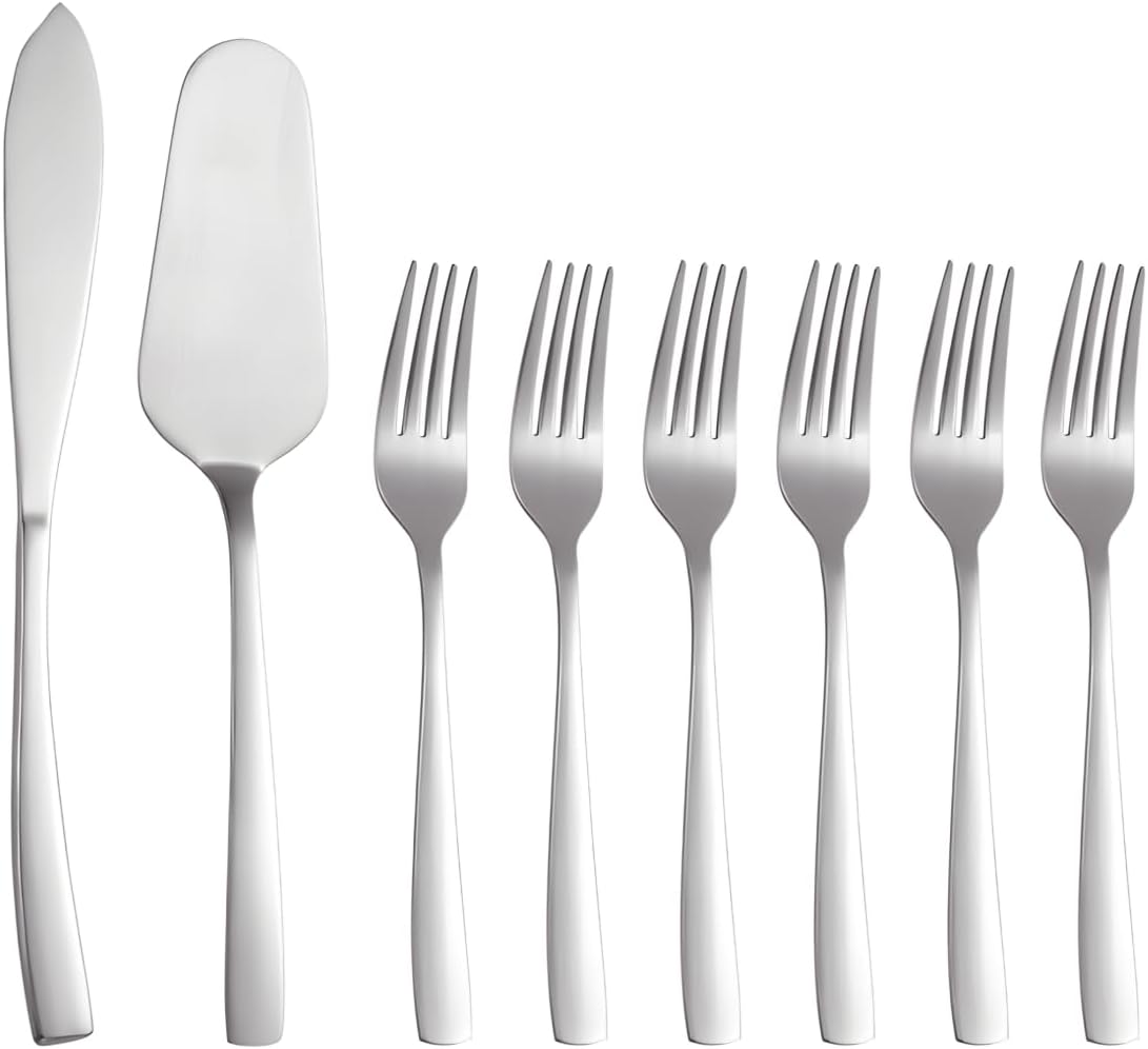 Cake Knife and Server Set with 6 Cake Forks Heavy Duty Thickened 18/0 Stainless Steel Pie Spatula with Comfortable Handle Cake Cutting Set for Wedding (Silver)