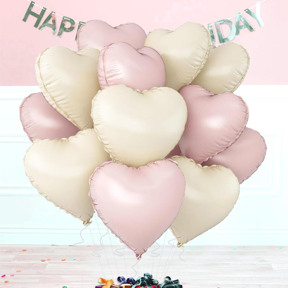 Baby Pink & Baby White Heart Balloons，18 Inch Foil Love Heart Shaped Balloons for Valentines Birthday Wedding Engagement Anniversary Party Graduation Baby Shower Decorations 12Pcs