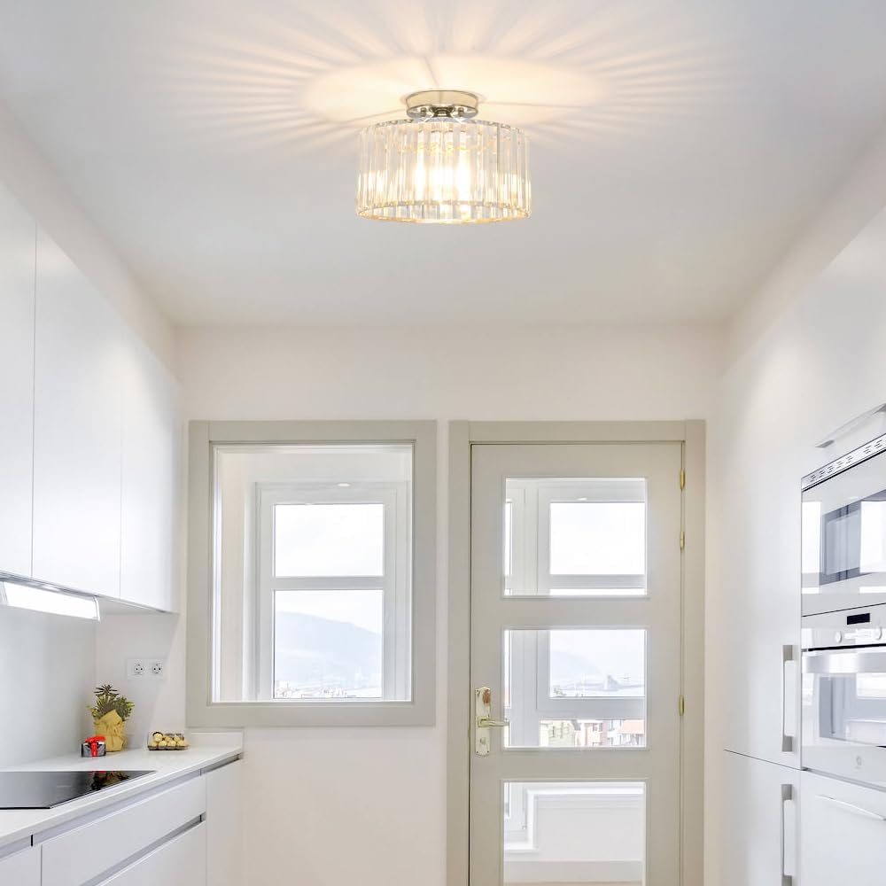 Crystal Ceiling Light Fixture, Chrome Close To Ceiling Light Fixtures, Modern Semi Flush Mount Ceiling Light, Hallway Lighting Fixture Chandelier for Bathroom Bedroom Porch Kitchen Living Room, 11in
