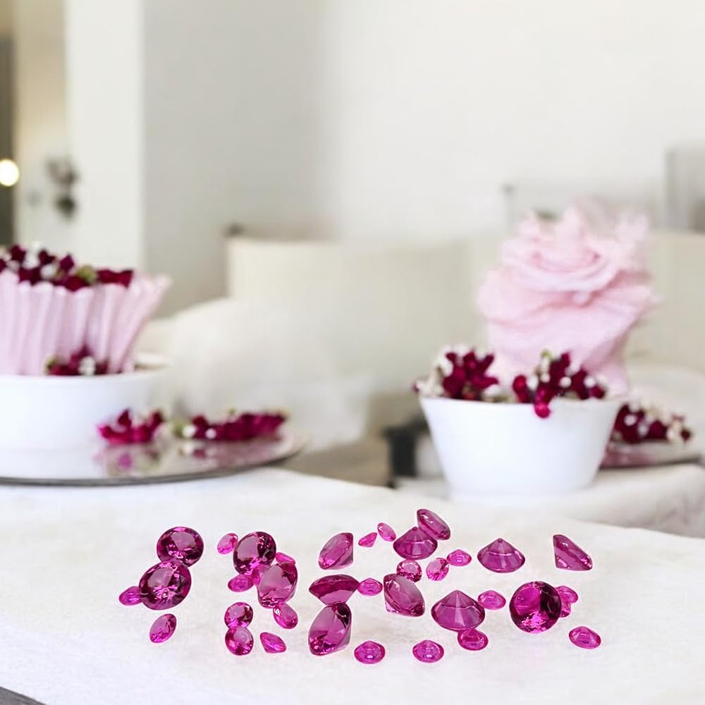 HappyFiller 720 Pcs Fuchsia Acrylic Diamonds Gems for Wedding Decorations Table Scatters,Vase Fillers, Treasure Gemstones,Bridal Shower,Floral Home Centerpieces,Party Favor,14 OZ,0.8/0.4 Inch Mix