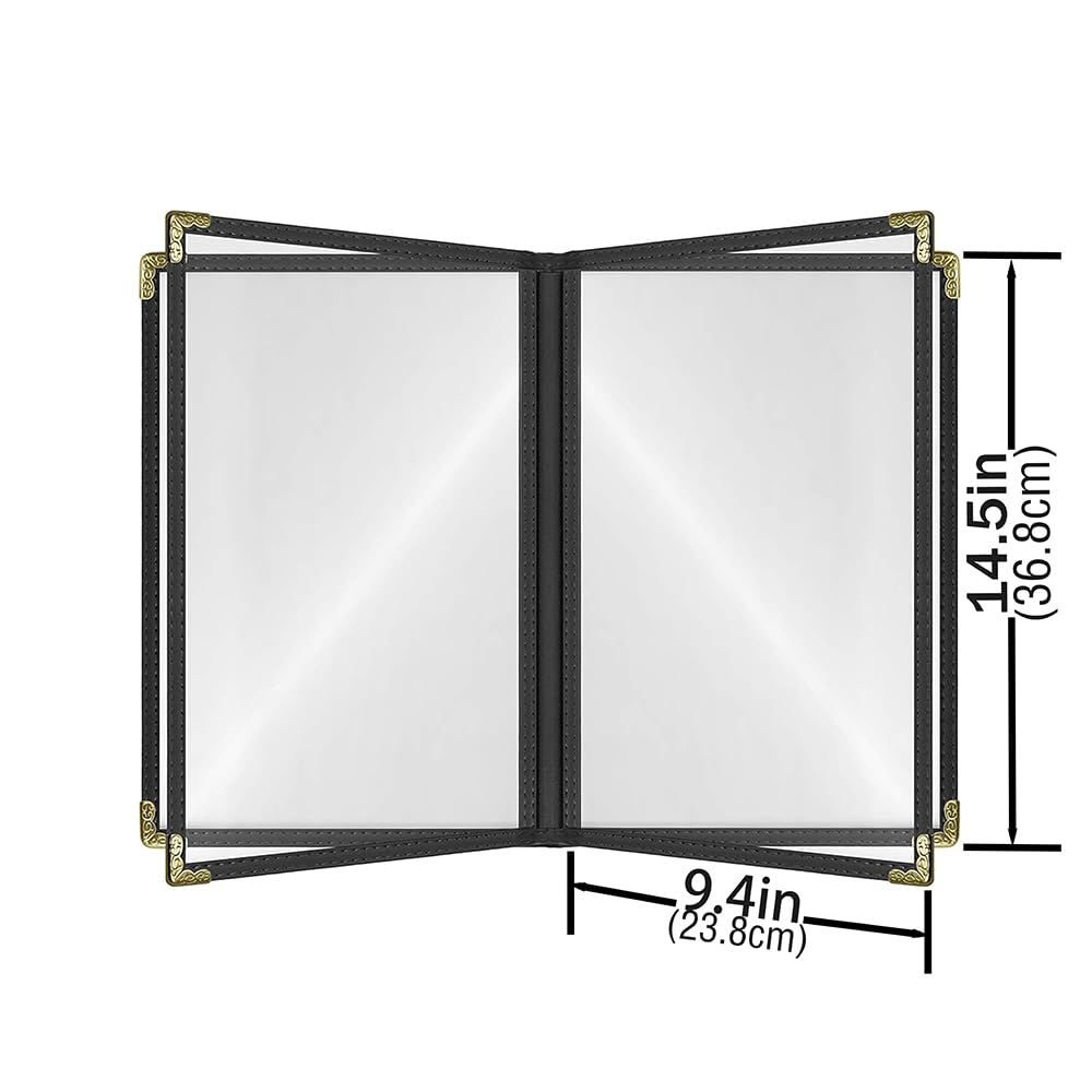 Goodsmart Restaurant Menu Covers – 25 Pack Black 8-View Booklet 8.5" x 14", Side-Loading Vinyl & Plastic Menu Holders, Clear Menu Sleeves, Leather-Style Café Covers with Gold Corners