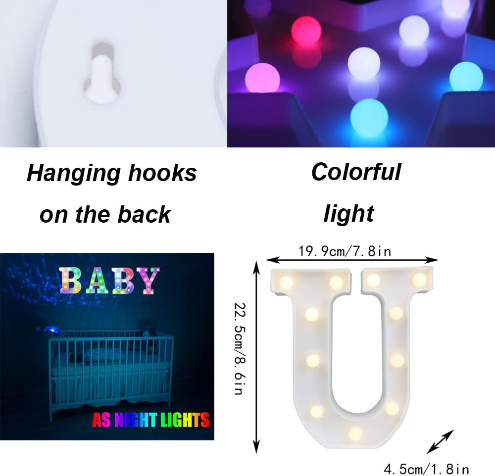 Light Up Colorful LED Marquee Letter lights, 18 Colors Changing Alphabet Letters Sign with Remote Timer for Night Light Girls Bedroom Wedding Birthday Party Lamp Christmas Home Bar Decor- Colorful U