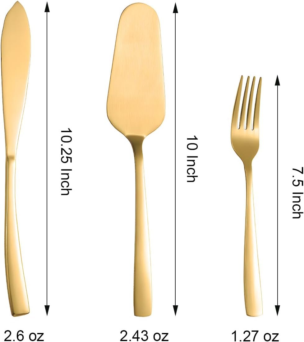 Cake Knife and Server Set with 6 Cake Forks Heavy Duty Thickened 18/0 Stainless Steel Pie Spatula with Comfortable Handle Cake Cutting Set for Wedding (Gold)