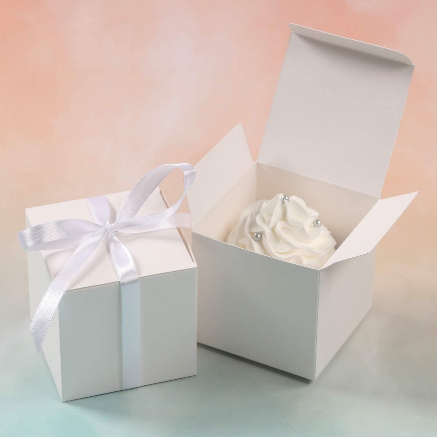 COTOPHER 25pcs Wedding Favor Boxes, Paper Gift Boxes 3x3x3 Inches Small Gift Boxes with Ribbons for Gifts, Crafting, Cupcake, Candy, Bridesmaid Proposal