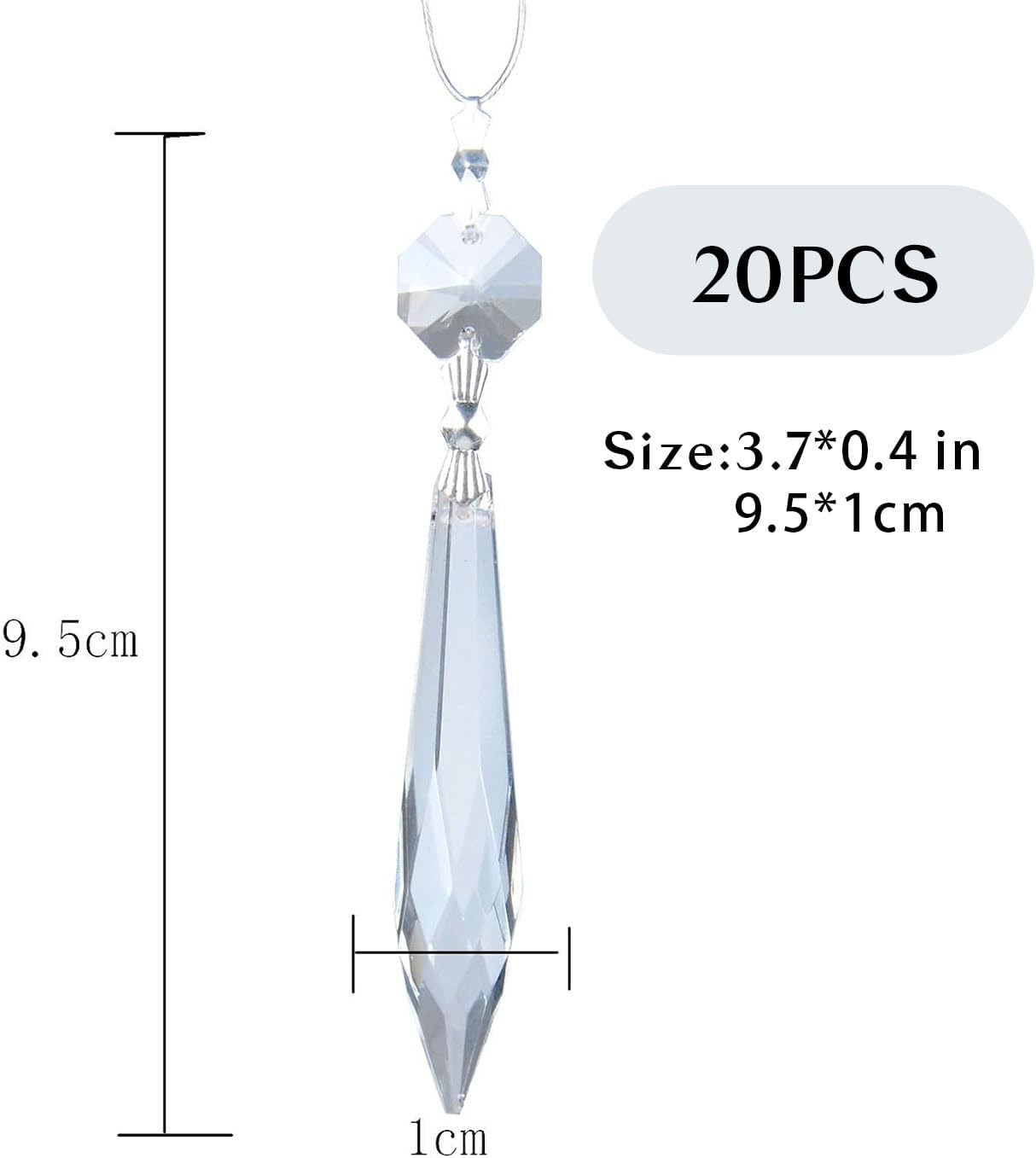 HDCRYSTALGIFTS 20Pcs Chandelier Icicle Crystal Prisms with Bead Crystals Lighting Lamp Replacement Parts (63mm, Clear)