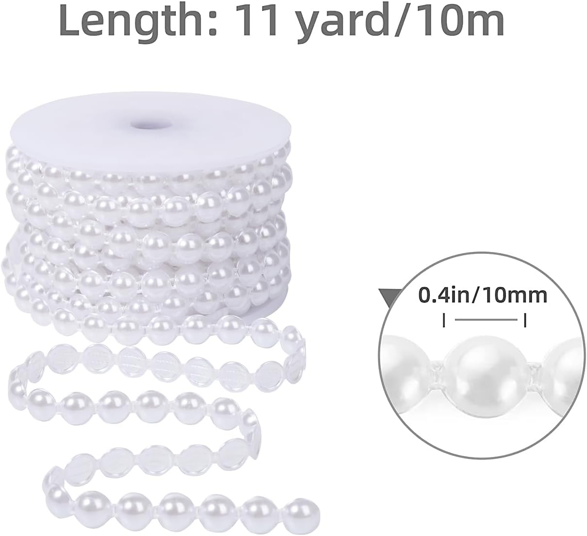 10mm Pearl Garland Half-Round 11 Yards Flat Craft Pearls Bead String Roll Strand for Wedding Party Christmas Tree Decoration (White)