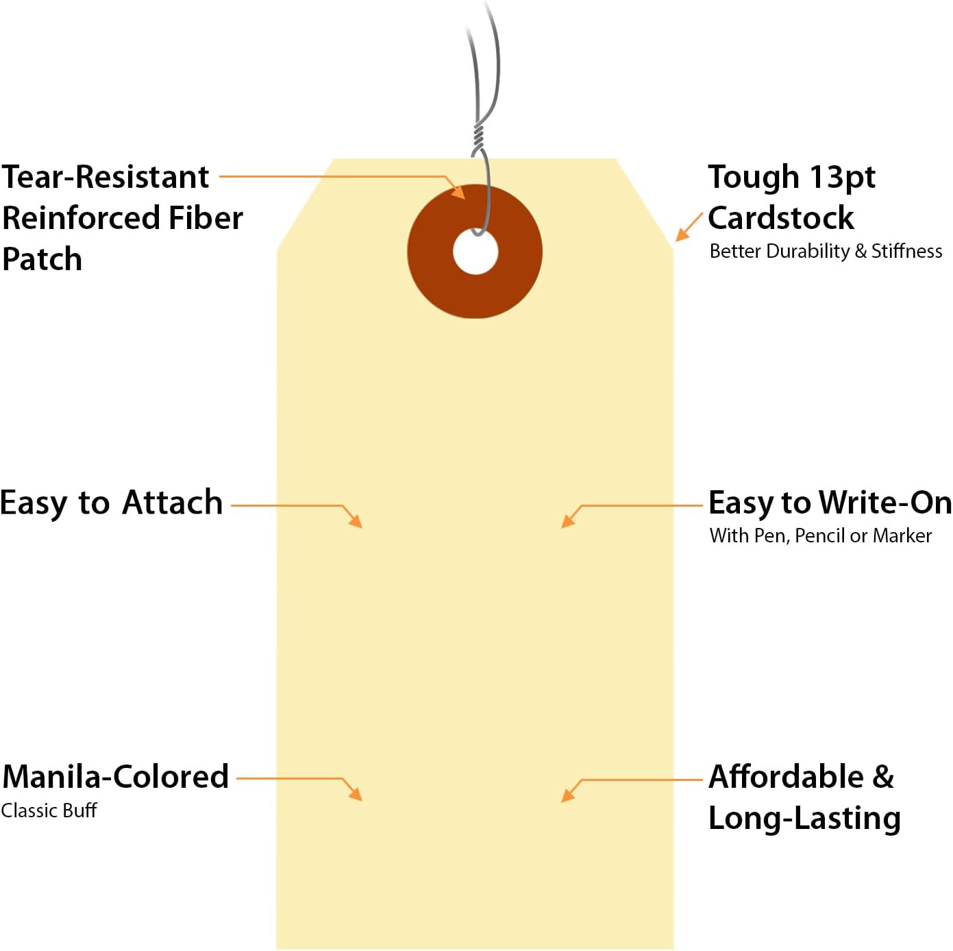SmartSign Blank Manila Shipping Tags with Wire, Size-3, Pack of 1000, 13pt Thick Prewired Cardstock Tag, 3.75 x 1.875 inch Paper Hang Tags with Reinforced Fiber Patch