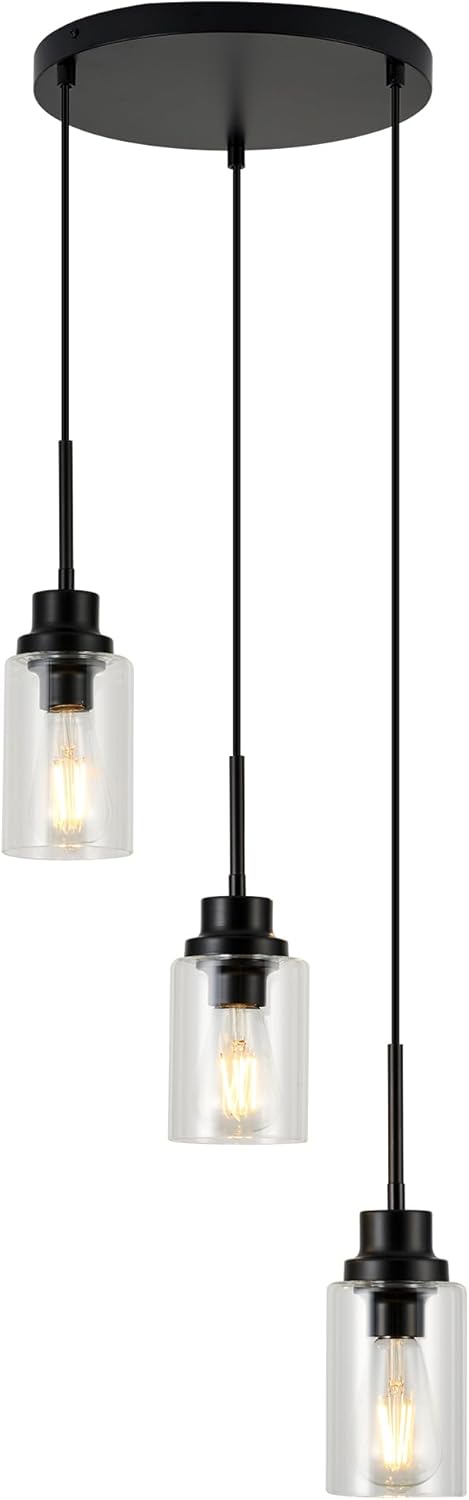 3-Lights Modern Pendant Light Fixtures Black Adjustable Height Ceiling Lights Chandelier with Clear Glass Shades Kitchen Island Lighting Hanging E26 Base for Foyer Dining Room