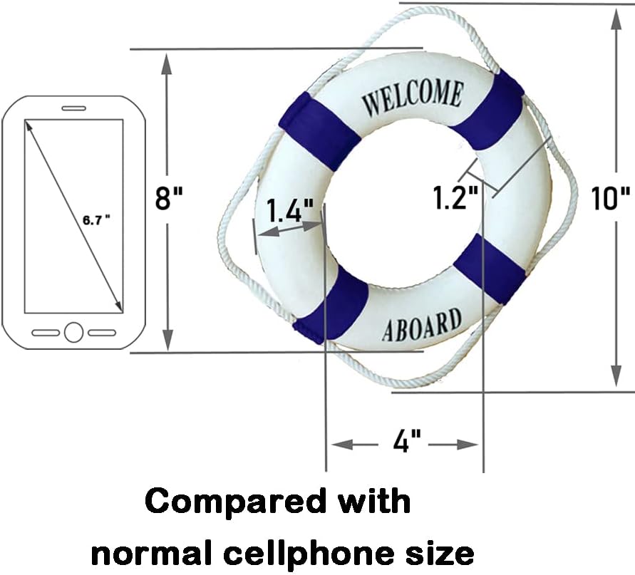 MorroMorn Lifebuoy Wall Hanging Decor - Welcome Aboard Mediterranean Style Home Decoration (Navy, 8")