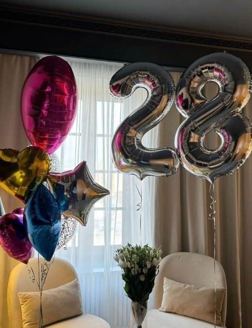 Silver 40 Inch Large Number 25 Birthday Balloon, 25th 25 Birthday Celebration Decorations, Foil 25 Mylar Helium Number 25 Balloons Girl Boy Anniversary Party Supplies