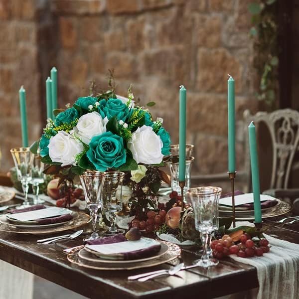 BLOSMON Teal Flowers Ball Decorations: 2 Pcs Fake Roses Flower Centerpiece for Wedding Table - Artificial Silk Kissing Bouquet Floral Arrangement for Home Party Event Decor