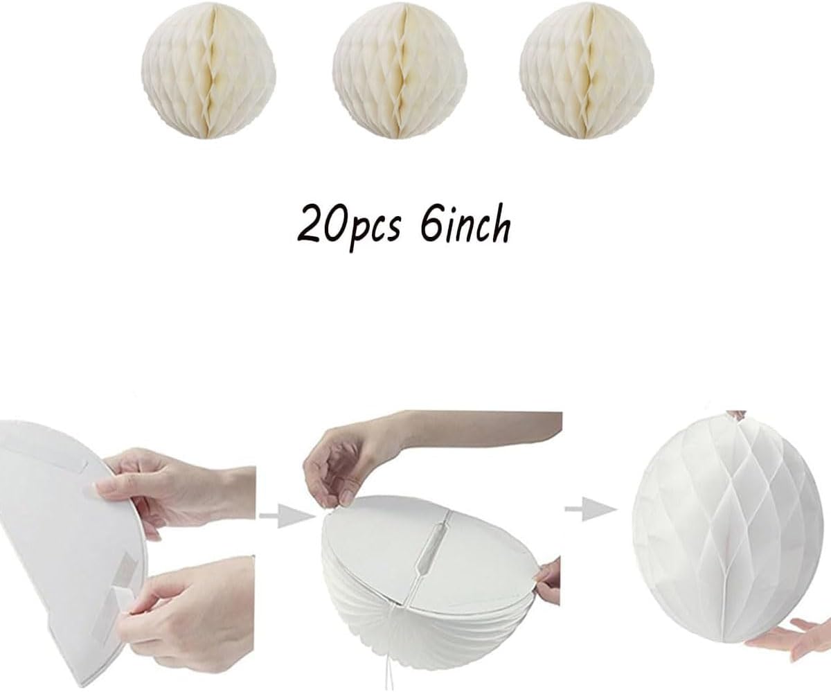 20pcs Honeycomb Flower Balls - Party Decor, Tissue Paper Pom Poms (6inch, Beige)