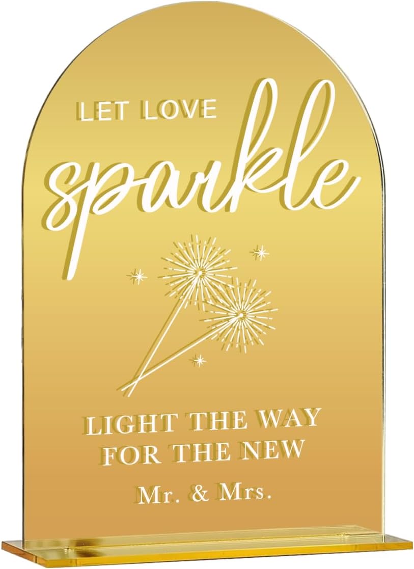 Acrylic Wedding Sign, Bridal Shower Decorations, Let Love Sparkle Sign for Ceremony, Modern Font Table Signs, Gold Mirror Arched Acrylic Tabletop Signs for Wedding Reception and Event Party
