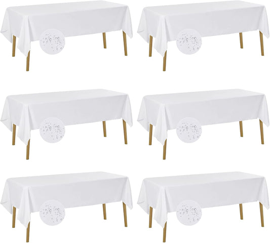 Fokitut 6 Pack Waterproof Rectangle Tablecloth, 60x102 Inch, Stain Resistant and Wrinkle Polyester Table Cloth, Fabric Table Cover for Kitchen Dining, Wedding, Party, Holiday Dinner-White