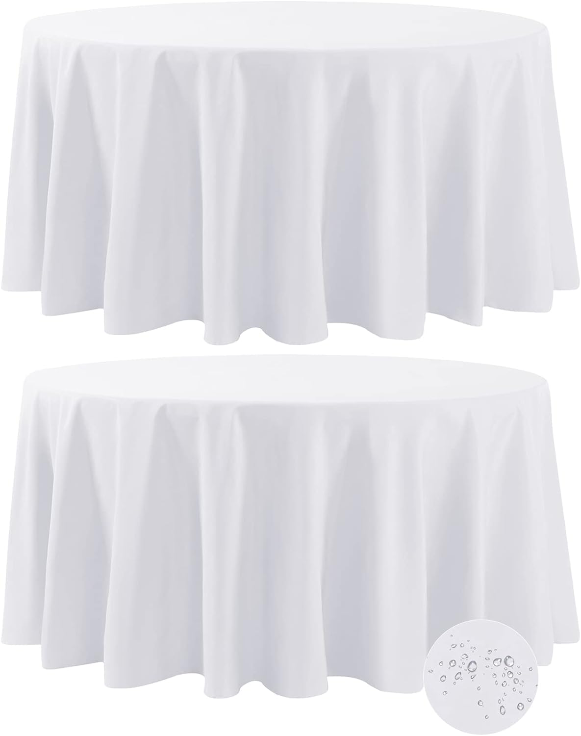 Fokitut 2 Pack Waterproof Round Tablecloth, 108 Inch, Stain Resistant and Wrinkle Polyester Table Cloth, Fabric Table Cover for Kitchen Dining, Wedding, Party, Holiday Dinner-White