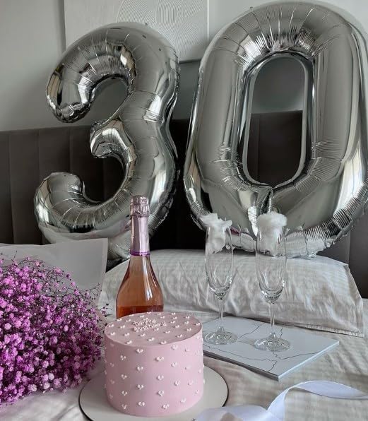 Silver 40 Inch 30 Number Balloons, 30 Decorations for 30 Birthday, Foil Giant Birthday Graduations Anniversary Party Balloons