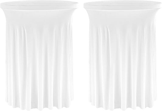 Fivenl 2 Pack Spandex Cocktail Table Skirt 32"x 43" White Stretch Cocktail Table Cover, Washable Round High Top Tablecloth for Bar, Wedding, Party, Events (White)