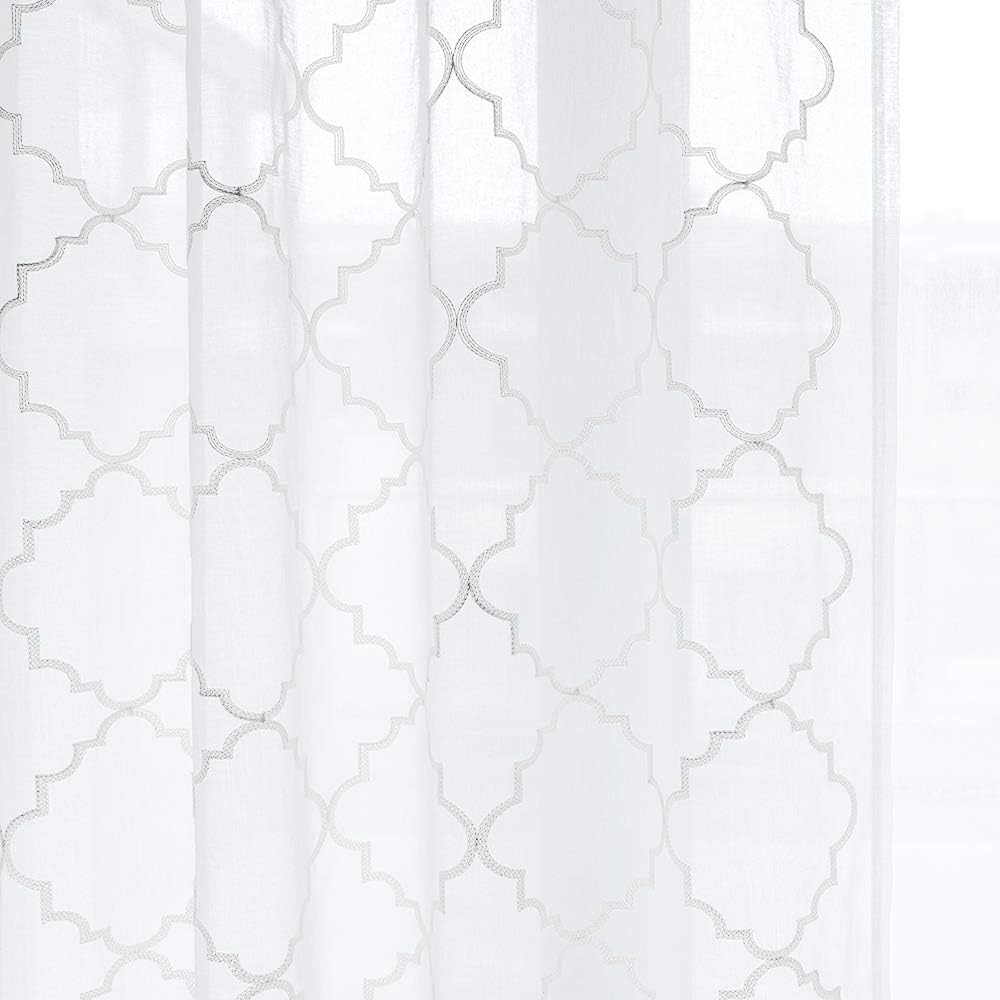 White Sheer Curtains 84 Inches Long, Rod Pocket Sheer Drapes for Living room, Bedroom, 2 Panels, 52"x84", Embroidered Moroccan Tile Lattice Design Semi Voile Window Treatments for Yard, Patio, Villa.