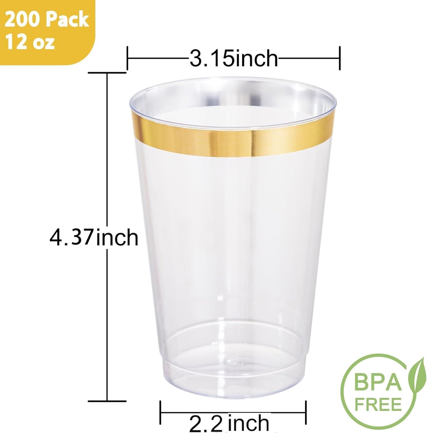 I00000 200 Pack 12 oz Gold Plastic Cups, Clear Disposable Cups, Disposable Plastic Wine Glasses Cocktail Glasses Premium Cups with Gold Rim, 12 Ounce Tumblers for Party & Wedding
