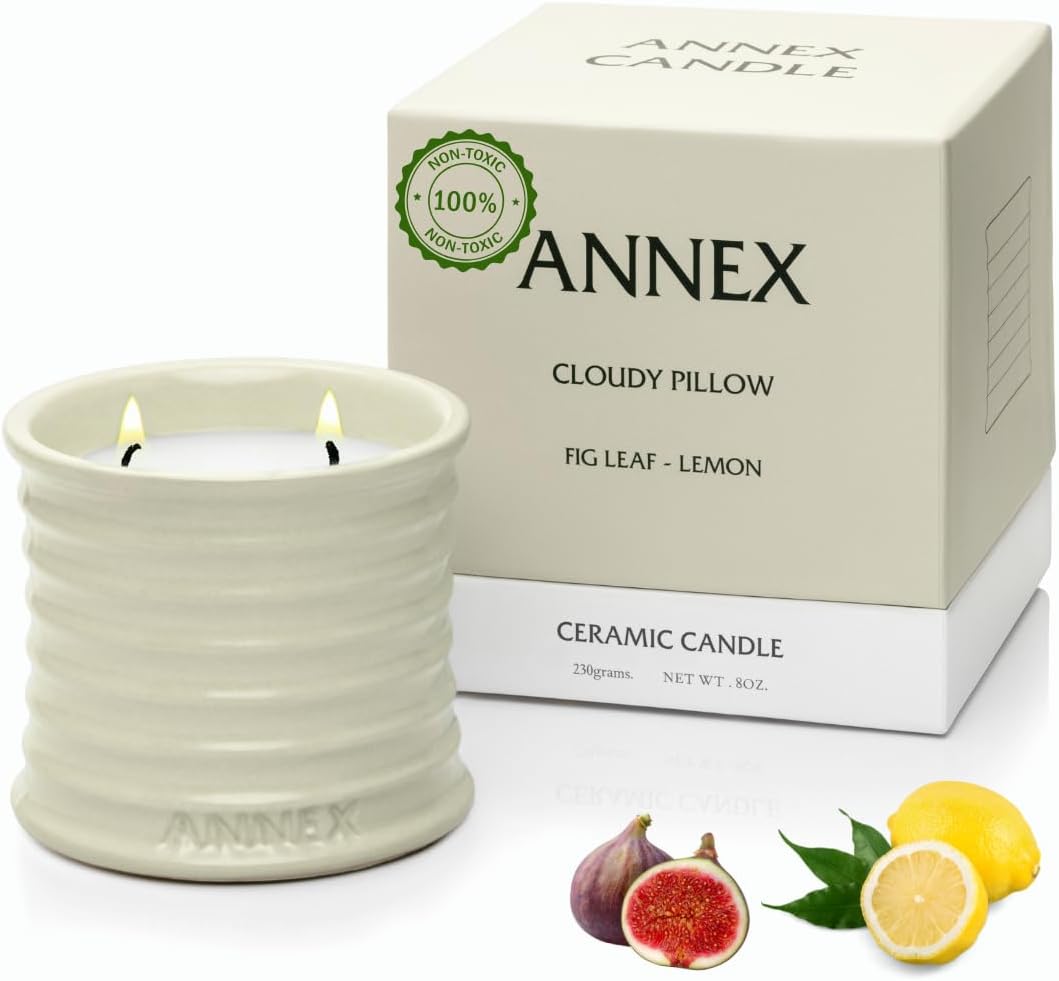 Scented Luxury Citronella Candles outdoor, Mosquito Bug Repellent | Handmade Ceramic Jars, Soy Wax | Cloudy Pillow - Fig Leaf & Lemon, Large Natural Candle | Non Toxic, 2 Wicks, Reusable Big Beige Jar