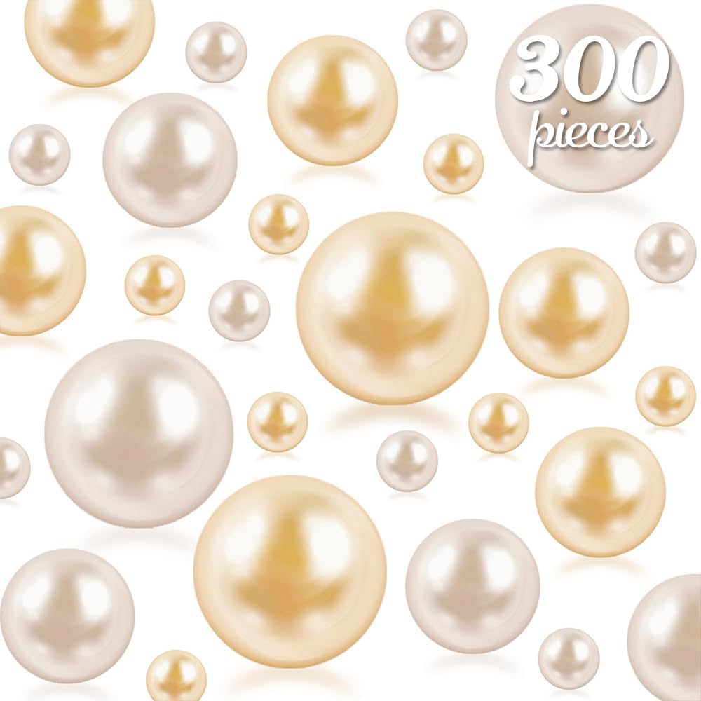 300Pcs Cream&Gold Polished No Hole Faux Pearl Beads for Vase Filling Decorations, Plastic Pearls Vase Fillers, Table Scatters, Wedding Centerpiece, Home Decor, 8/14/20 mm