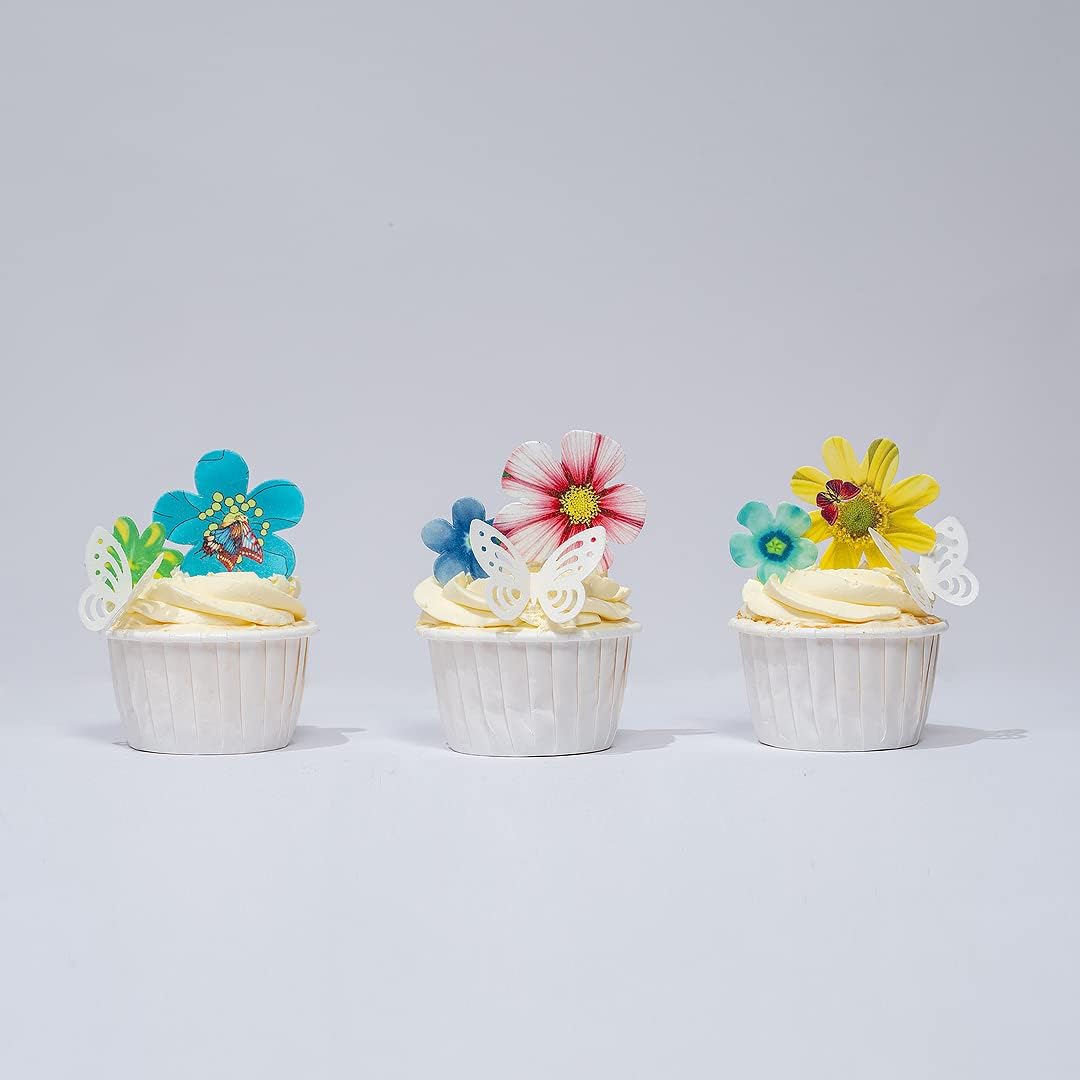 Edible Flowers Edible leaves &White Edible butterflies Wafer Paper Cake Cupcake Toppers for Decorating Rice Paper Flower Food Decorations for Baking Birthday Party (35flowers+20butterflies)