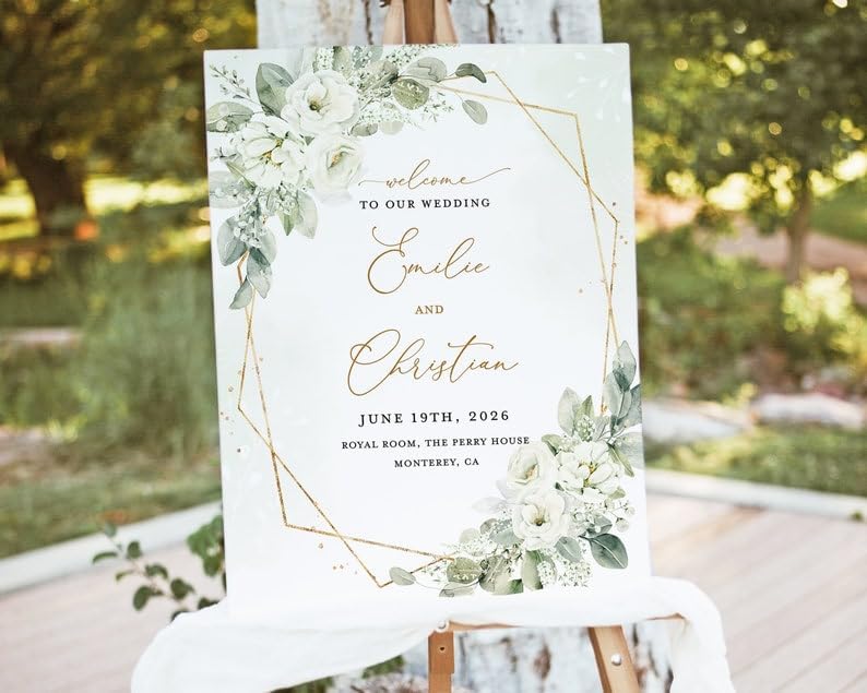 White Floral Wedding Welcome Sign Template, Sage Gold Reception Decor Sign, Printable Elegant Greenery Flower Garden Large Sign