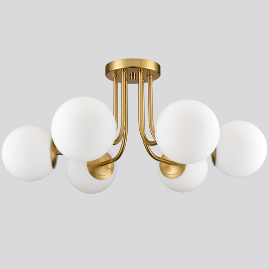Modern Brushed Brass Gold 6-Light Ceiling Light with Globe White Glass Shade Semi Flush Mount Light Fixture for Dinning Room Foyer Hallway Sputnik Chandeliers