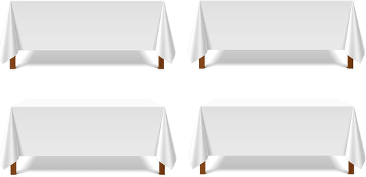 Pomp Pure White 90" x 156" Poplin Polyester Tablecloth (4 Pack) | Wrinkle + Stain Resistant Easy Care Premium Fabric | Fits 8FT Rectangle Table