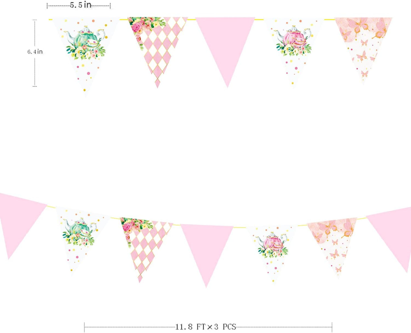 Spring Tea Party Decorations Pink and Gold Floral Flower Butterfly Teapot Teacup Plaid Paper Triangle Flag Pennant Banner Bunting for Spring Birthday Wedding Bridal Baby Shower Engagement Tea Party