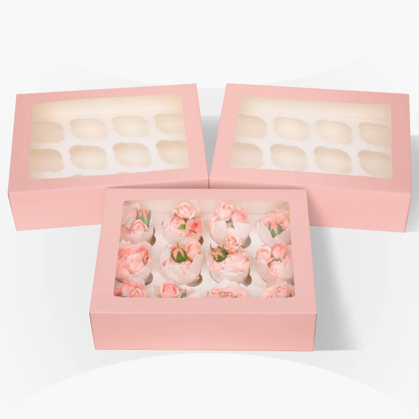 Bakepacker Auto-pop up 12 Cupcake Containers 6-Packs Pink Cupcakes Carrier, 12 Cupcake Boxes with Window 13"x10"x3.5"