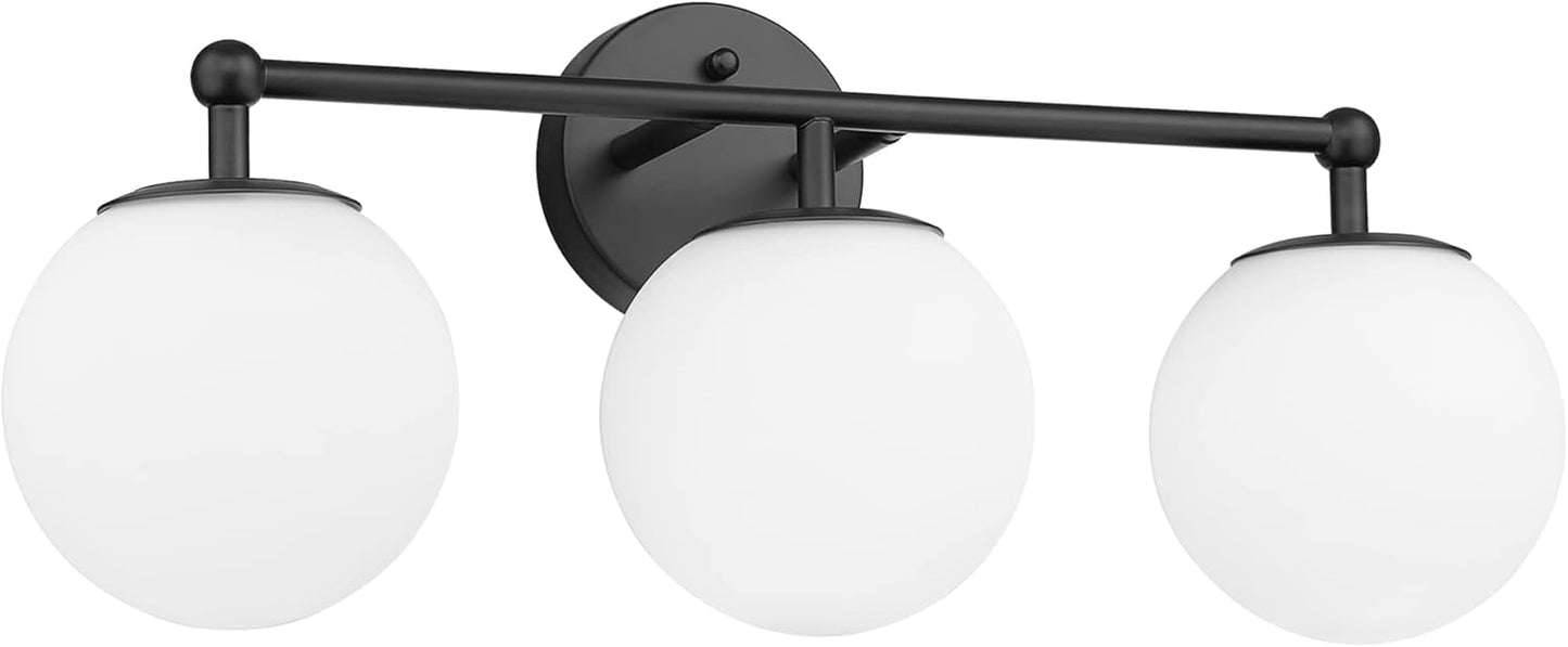 Black Vanity Lights for Bathroom, Farmhouse Bathroom Light Fixtures 3-Light Over Mirror with Milky Glass Globe Shade, KW-7307-3