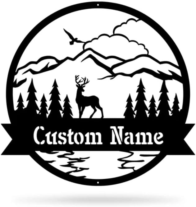 RealSteel Personalized Outdoor Metal Sign, Customize the Great Outdoor Deer & Mountain Monogram, Rustic Cabin, Lodge, or Home Décor, Laser Cut Steel Wall Art, Family Gifts