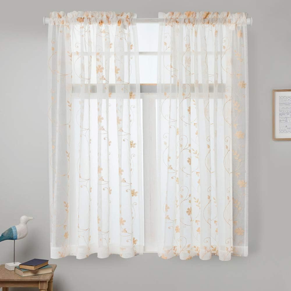Embroidery Sheer Curtains Gold 63 Inch Length, Rod Pocket Voile Drapes for Living room, Bedroom, Window Treatments Semi Crinkle Curtain Panels for Yard, Patio, Villa, Parlor, Set of 2, 52"x 63".