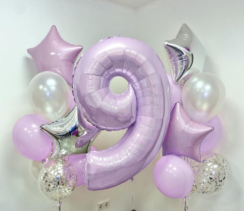 Pastel Purple 5 Balloons, 40 Inch Giant Dusty Light Purple Mylar Foil Number 0-9 Helium Balloon for Girls, Self Inflating Lilac 5th Birthday Balloon for Women Anniversary Party Decorations Supplies