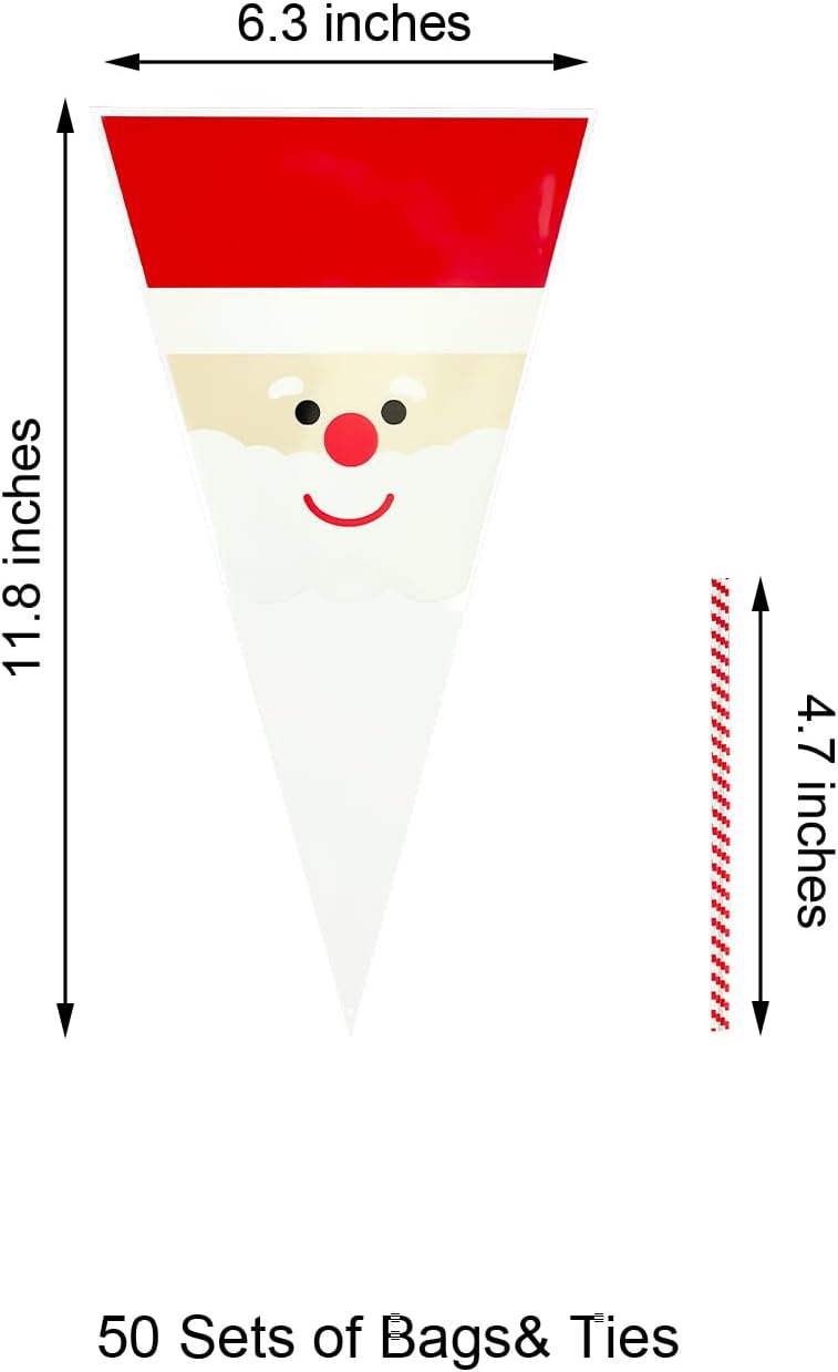 EKAPACKAGING 50Pcs 6.3x11.8 Inches Santa Print Cone Shaped Treat Bags with Ties, Christmas Clear Cellophane Bags, Party Favor Bags for Popcorn, Cookies, Cotton Candy, Gift, and Pretzel Rod