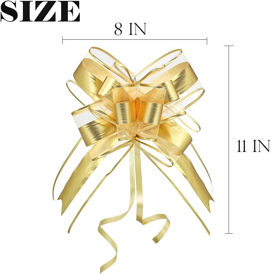Gold Bows for Gifts, Large Pull Bow for Gift Wrapping, Christmas, New Year, Birthday, Weddings, Baby Showers, Graduations, Valentine's Day(8 inches, 10 PCS)