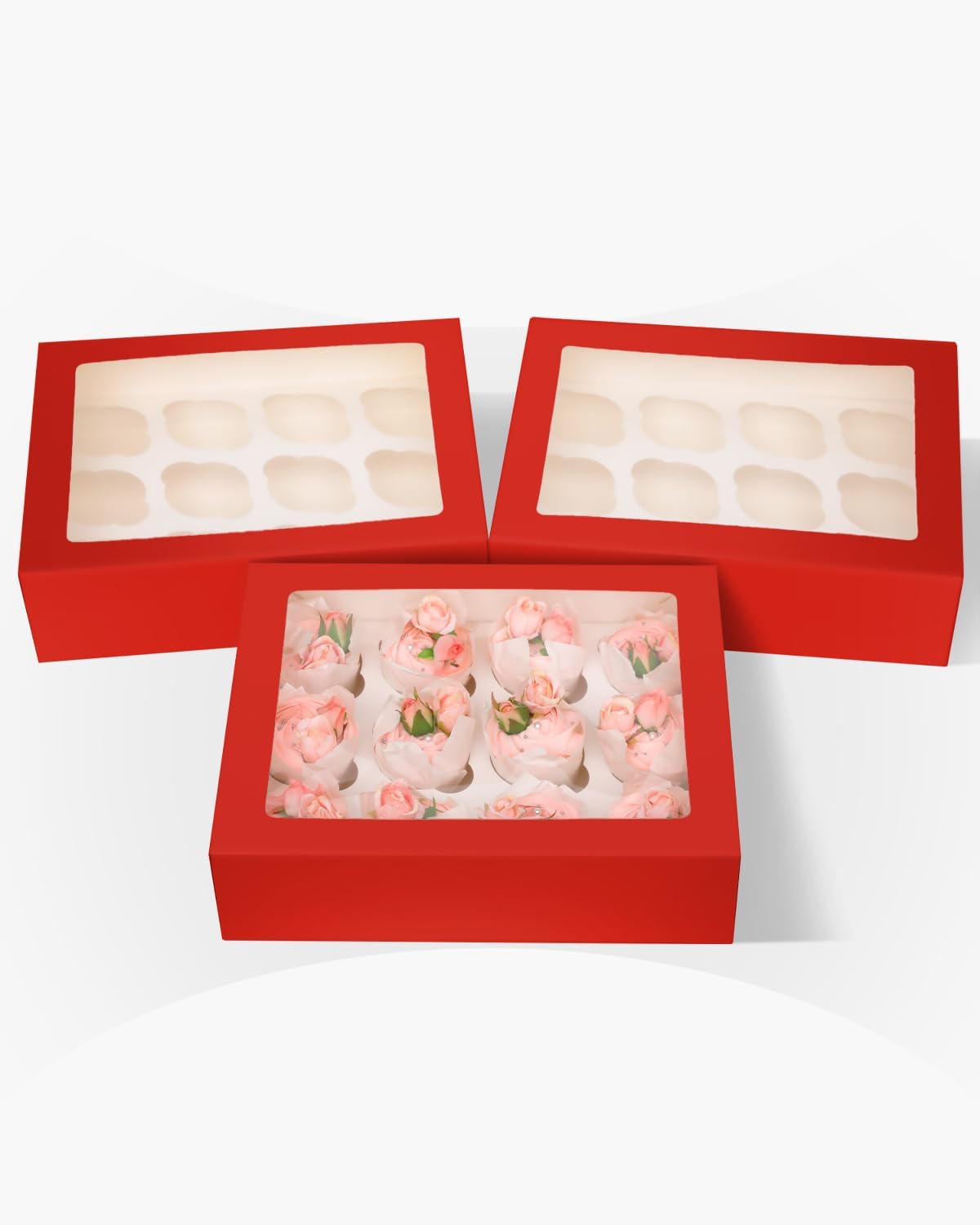 Bakepacker 12 Cupcake Containers 10-Packs Red Cupcake Box Cupcakes Carrier, 12 Cupcake Boxes with Window 13"x10"x3.5"（Auto-pop up）