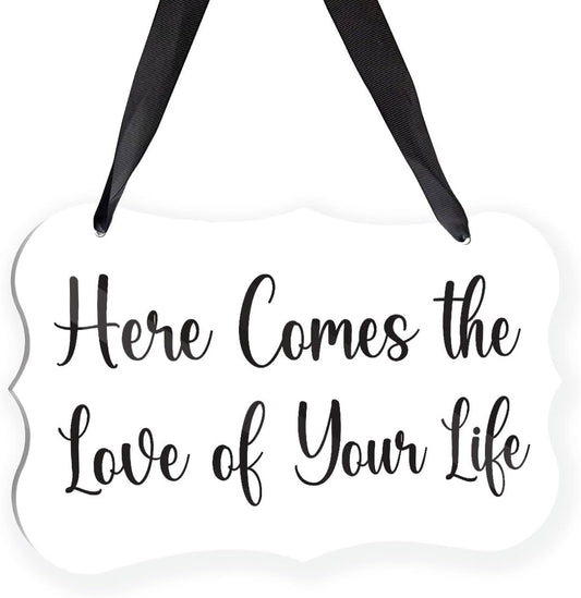 Acrylic Wedding Sign, Ring Bearer Sign, for Rustic Wedding Decor Signs, Acrylic Wall Art With Ribbon for Chairs Weddings Reception Decor and Event Party - Here Comes The Love of Your Life (White)