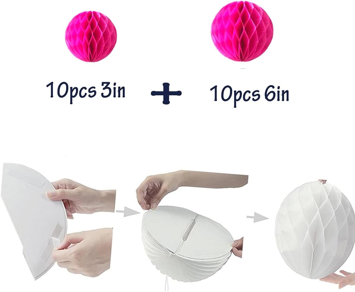 20pcs Honeycomb Flower Balls - Party Decoration Paper Flower Balls Tissue Paper Pom Poms for Birthday Wedding Home Decor (3inch+6inch, Rose Red)