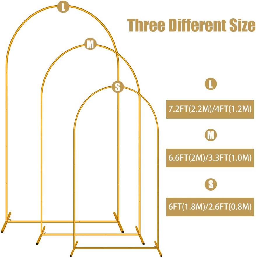 3 Pack Arch Backdrop Stand (7.2FT/6.6FT/6FT), Easy Assembly Backdrop Arch, Gold Wedding Arch Stand, Balloon Arch Stand for Photo Backdrop