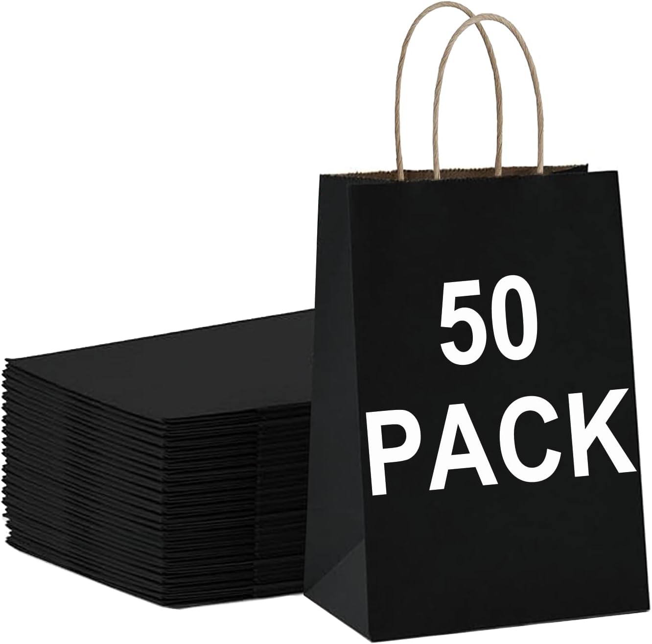 BAG BOX 50 Pack Small 5.9x3.1x8.25 Inch Black Kraft Paper Gift Bags with Handles for Bulk Shopping, Retail, Craft, Party Favors, Wedding, Grocery & Sacks