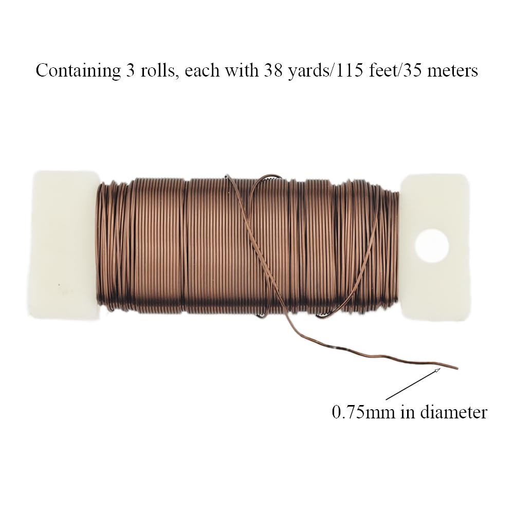 HAHIYO 22Gauge Coffee Color Metal Floral Wire - 3 Rolls, 115Yards (345Feet) - Flexible Paddle Wire for Craft, Christmas Wreath, Flower Arrangement, Bouquet Wrapping, Wedding DIY