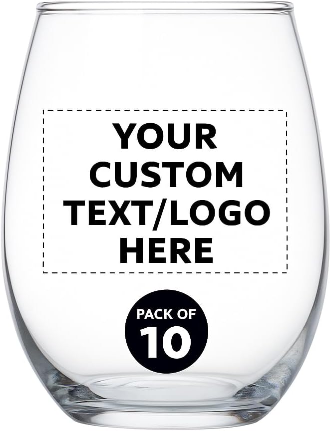 Custom Stemless Wine Glass 9 oz. Set of 10, Personalized Bulk Pack - Great for Wedding Favors, Bachelorette Party Decorations, Party Favors, Color Bottom - Clear