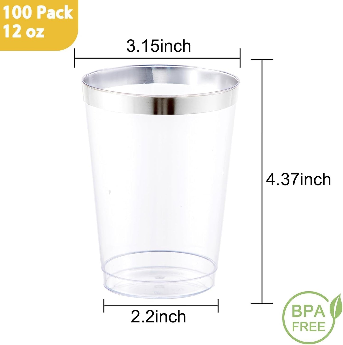 I00000 100 Pack 12 oz Silver Plastic Cups, Silver Rimmed Disposable Cups, Party Wine Glasses Cocktail Glasses Premium Cups with Silver Rim, 12 Ounce Plastic Tumblers For Party