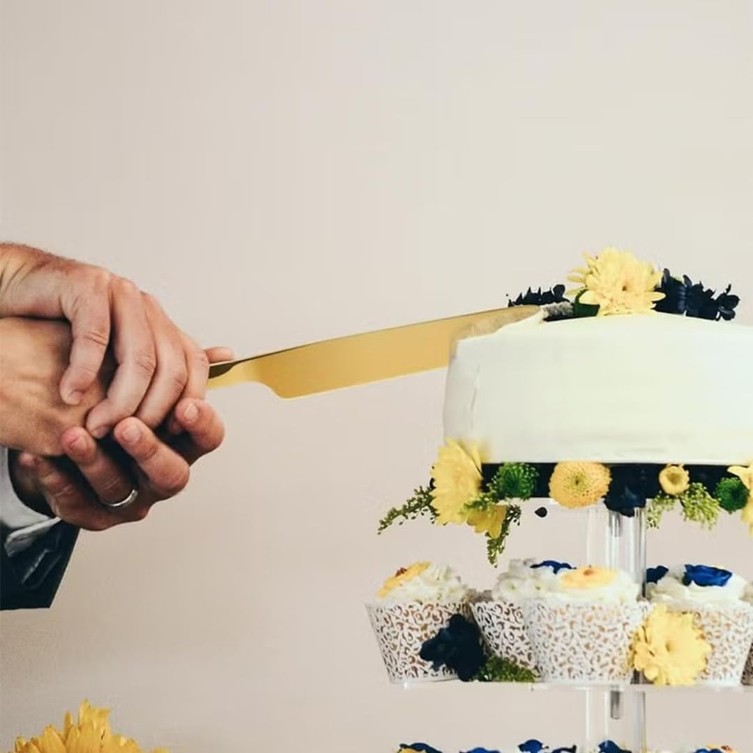 Elegant Gold Cake Cutting Set - 2 Piece Stainless Steel Knife and Server for Weddings, Birthdays, Anniversaries, and Celebrations - Gift for Bridal Showers and Cake Table Decorations