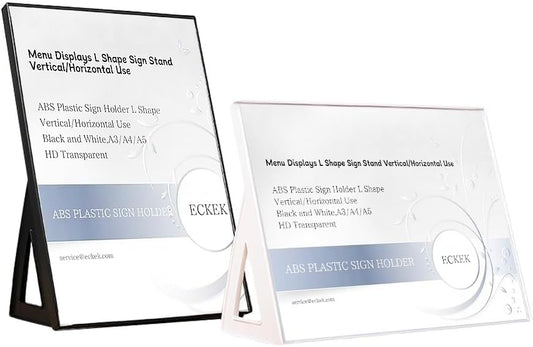 ABS Plastic Sign Holder，Menu Displays L Shape Sign Stand Vertical/Horizontal Use (White A5 148×210mm/5.83×8.27inches)